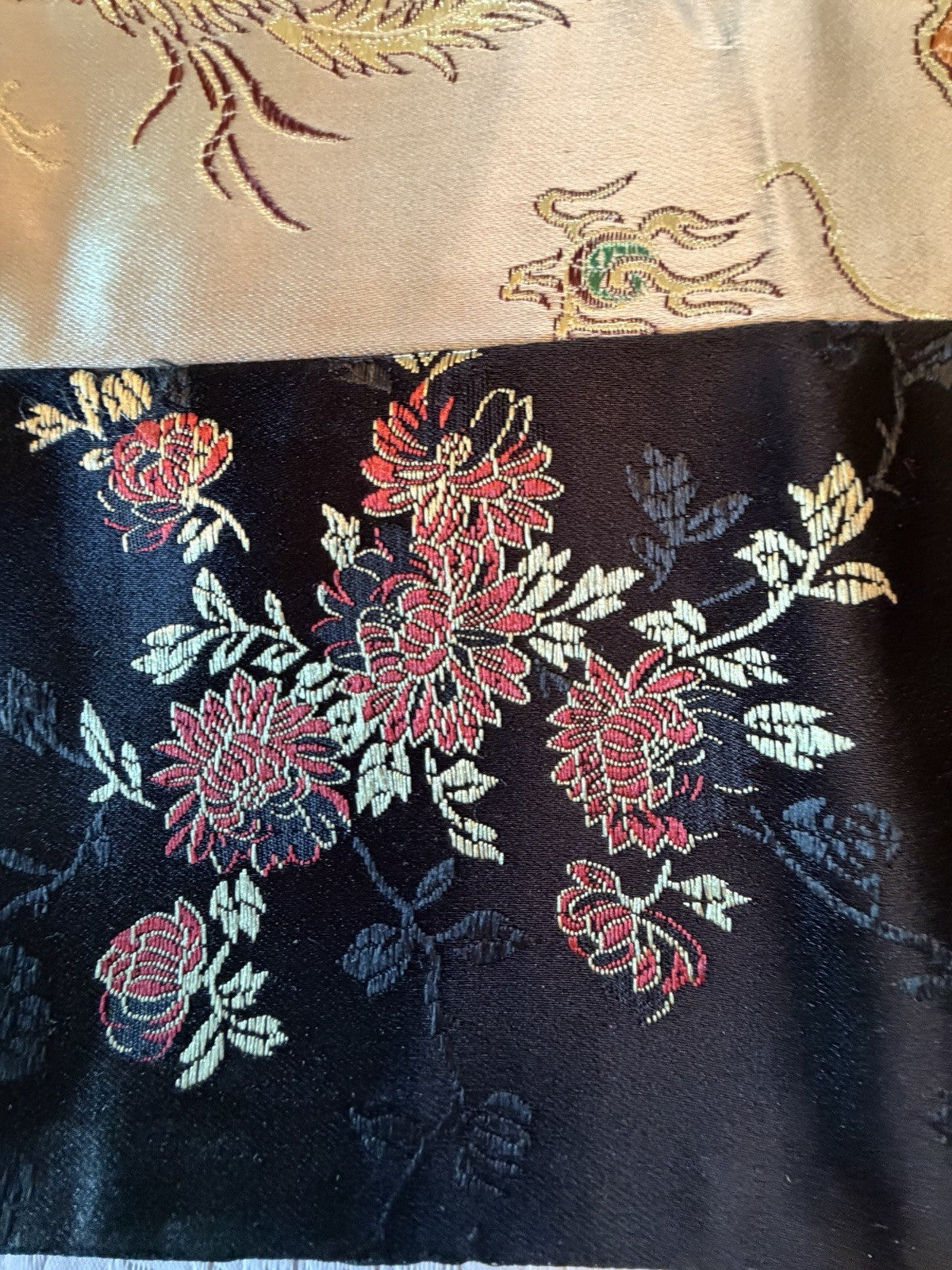 Vintage Asian Silk Brocade Table Runner Red Gold Floral Fringe 58" Oriental
