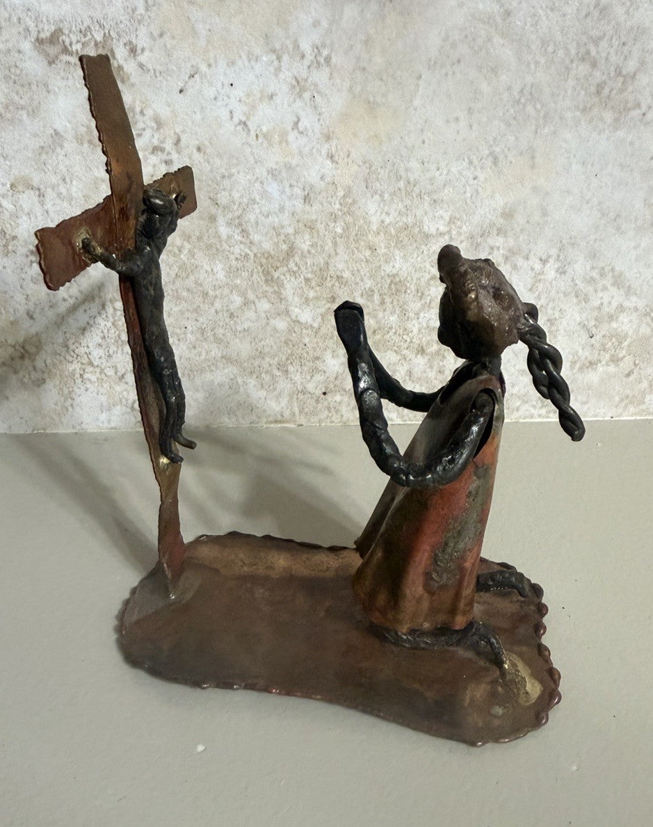 Vintage Handcrafted Metal Sculpture Praying Figure at Cross Religious Folk Art