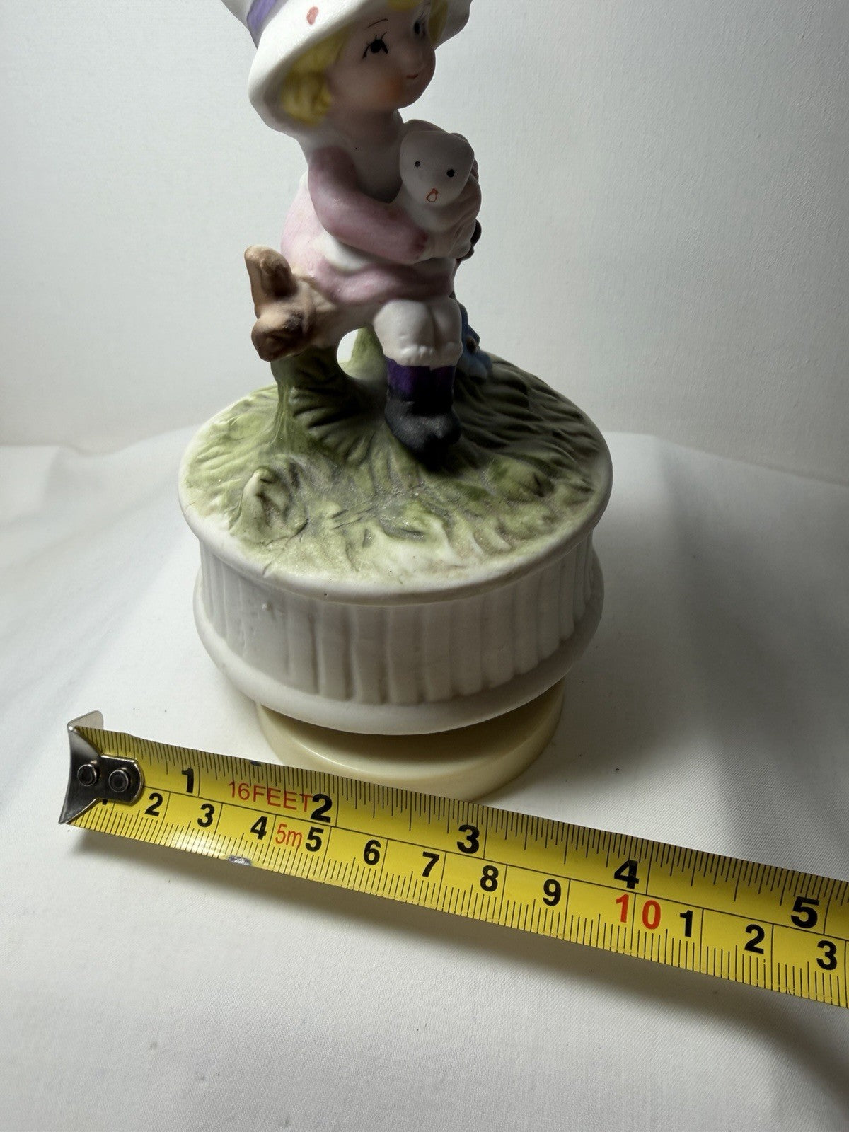Porcelain Bisque Girl Music Box Cat Figurine Plays Song - Works