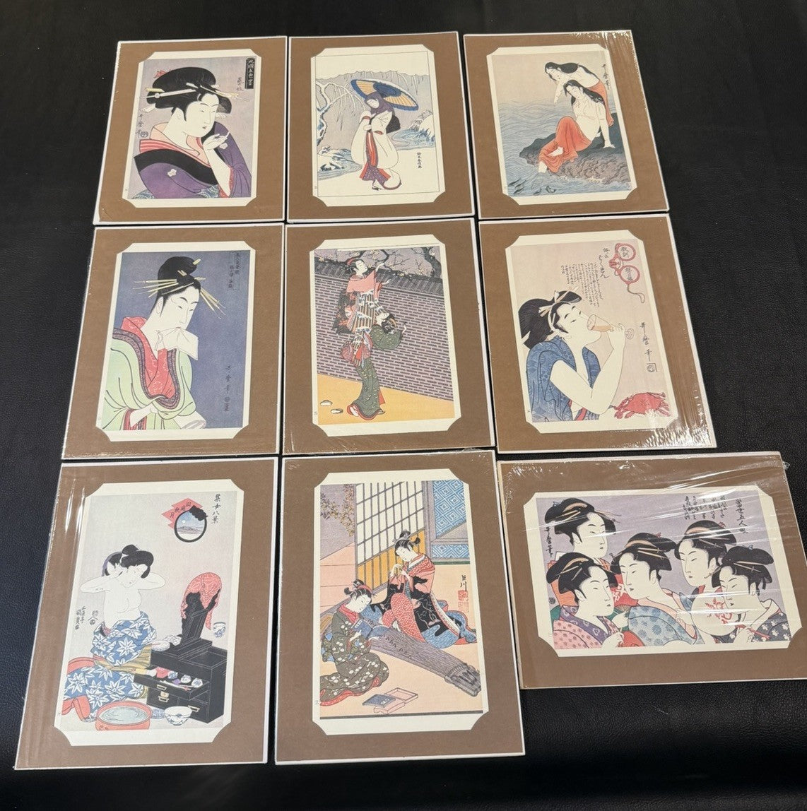 Vintage Japanese Woodblock Print Cards Bijin Geisha Mounted Lot 9 Framed 8x10