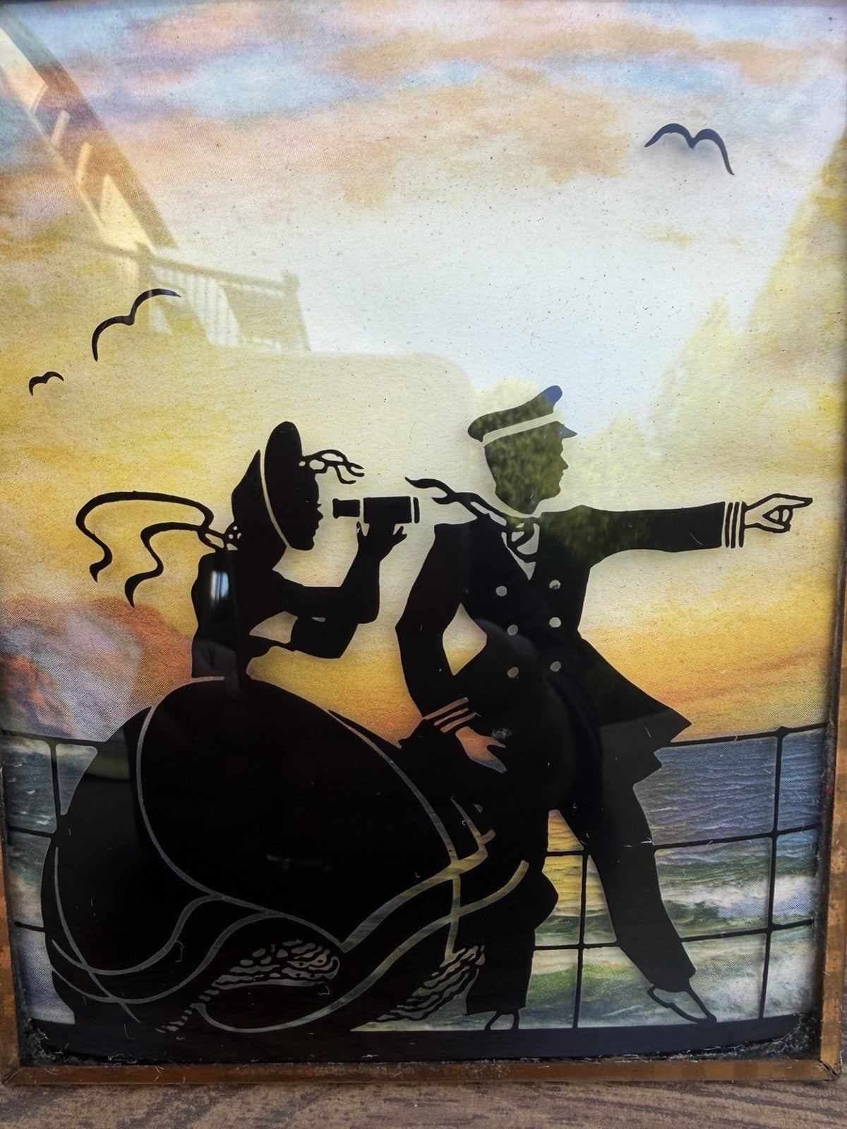 Vintage Nautical Sailor Couple Reverse Painting Convex Glass Framed Folk Art