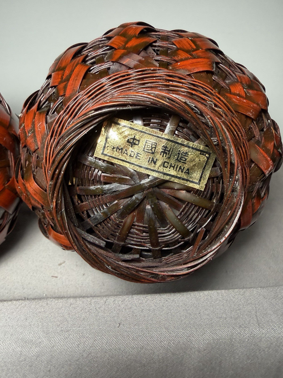 Vintage Japanese Ikebana Vase Bamboo Woven Pair Porcelain Inserts Set of 2