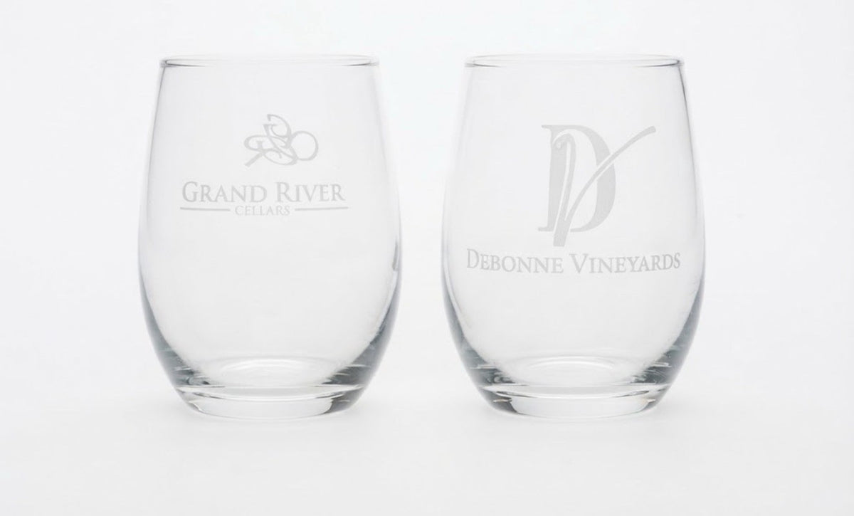 Grand Traverse Debonne GRV Etched Stemless Wine Glasses Lot 4 Tasting Tumblers