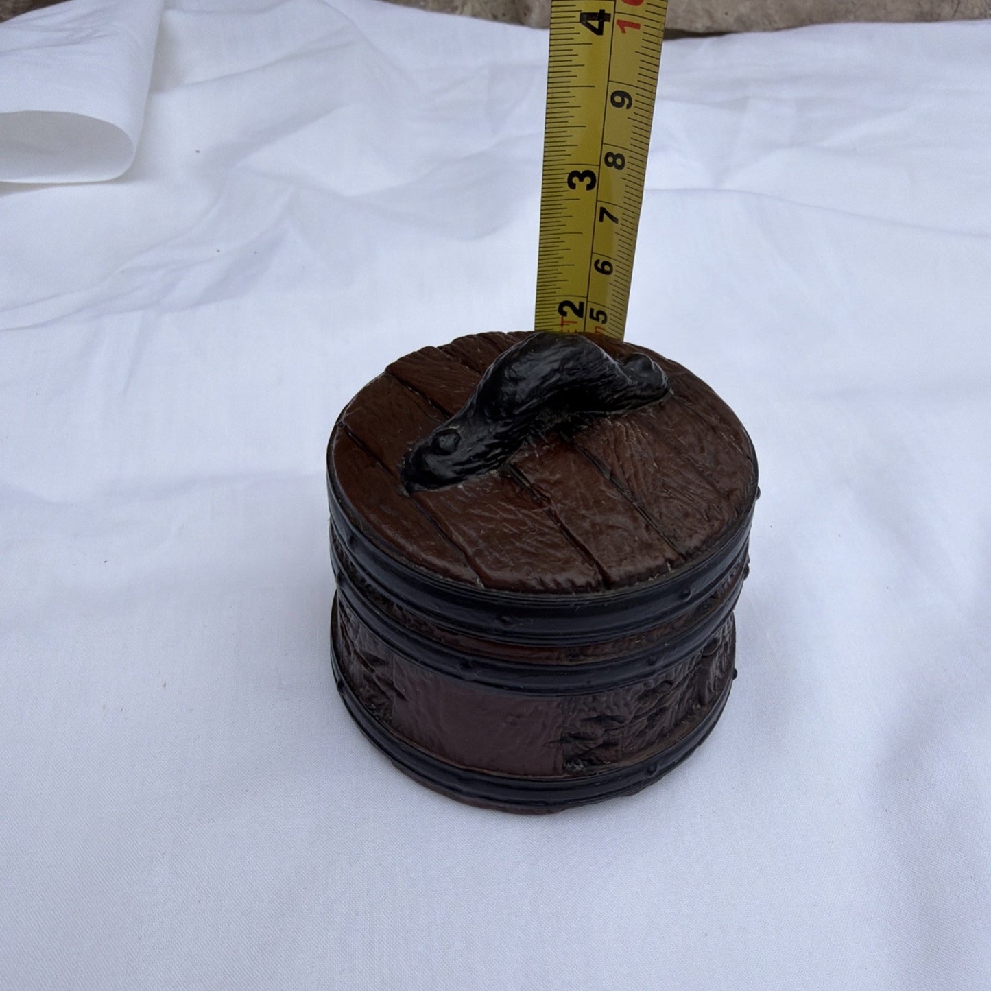 Vintage Etched Barrel Trinket Box Resin Ceramic Keepsake Storage 2"x2"
