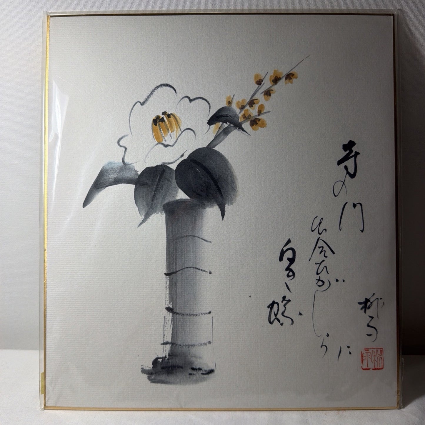 Vintage Japanese Peony Painting Shikishi Board Sumi-e Floral Art