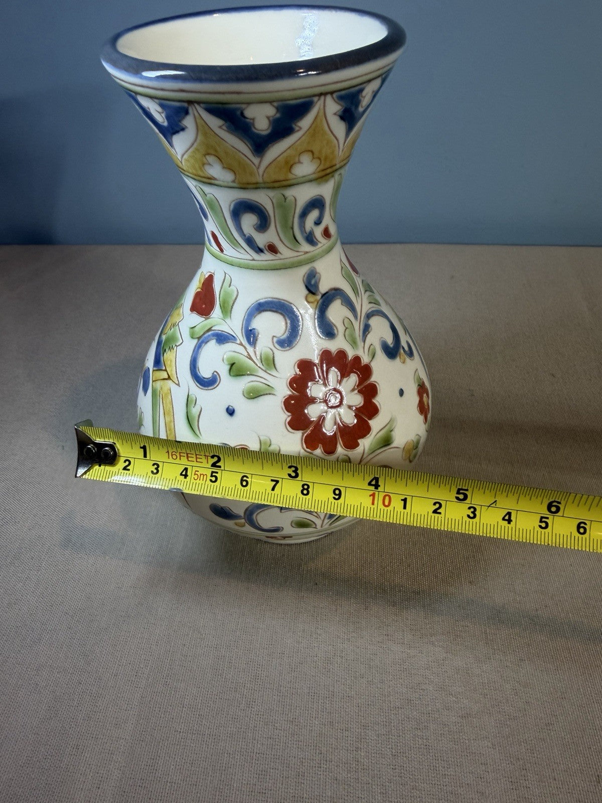 Vintage Talavera Style Hand Painted Ceramic Flower Vase Floral Scroll Folk Art