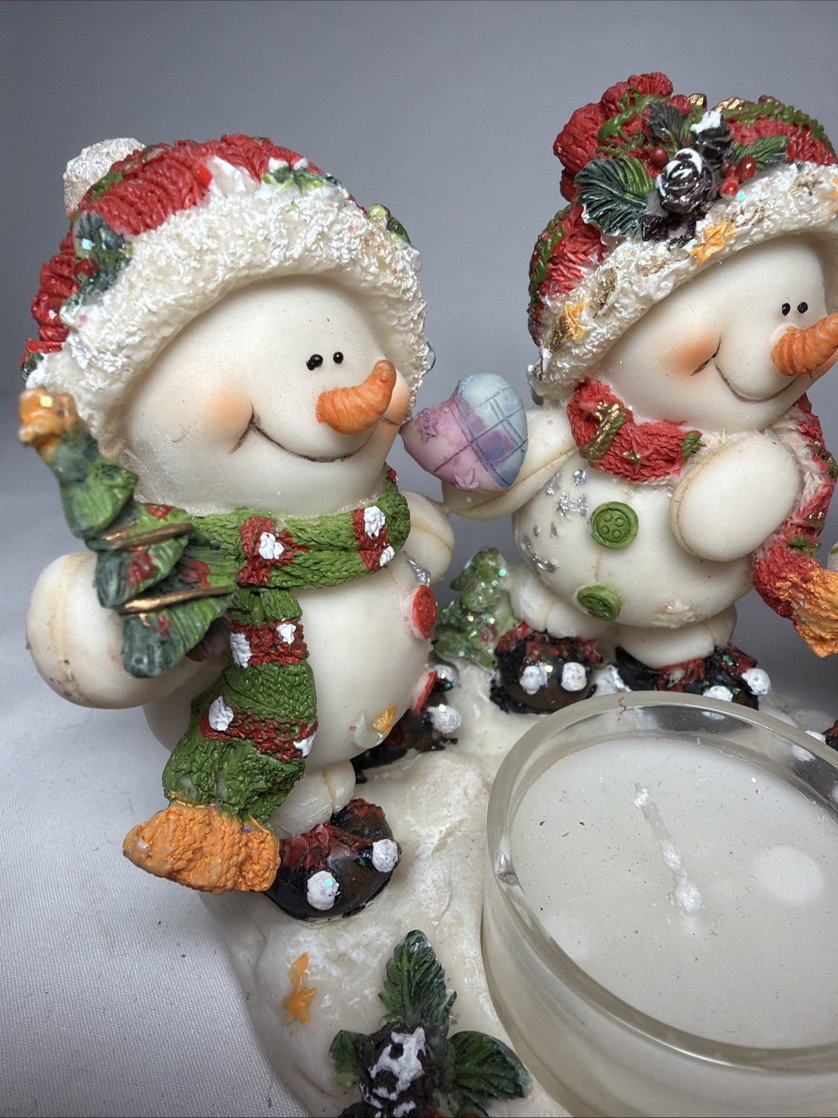 Snowman Votive Candle Holder 3 Snowmen Holiday Decor 4 1/2 tall