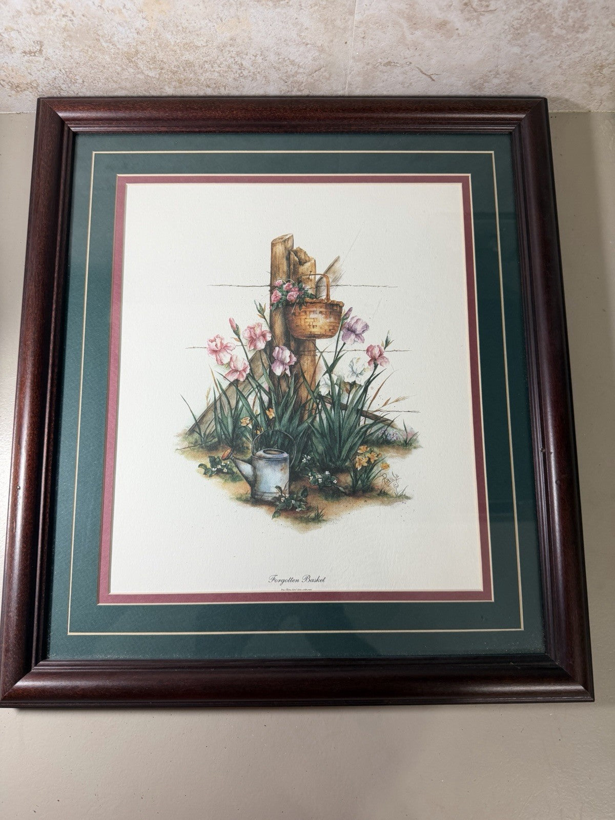 Vintage Paula Vaughan 2 Framed Floral Prints "Forgotten Basket" & "Cherished