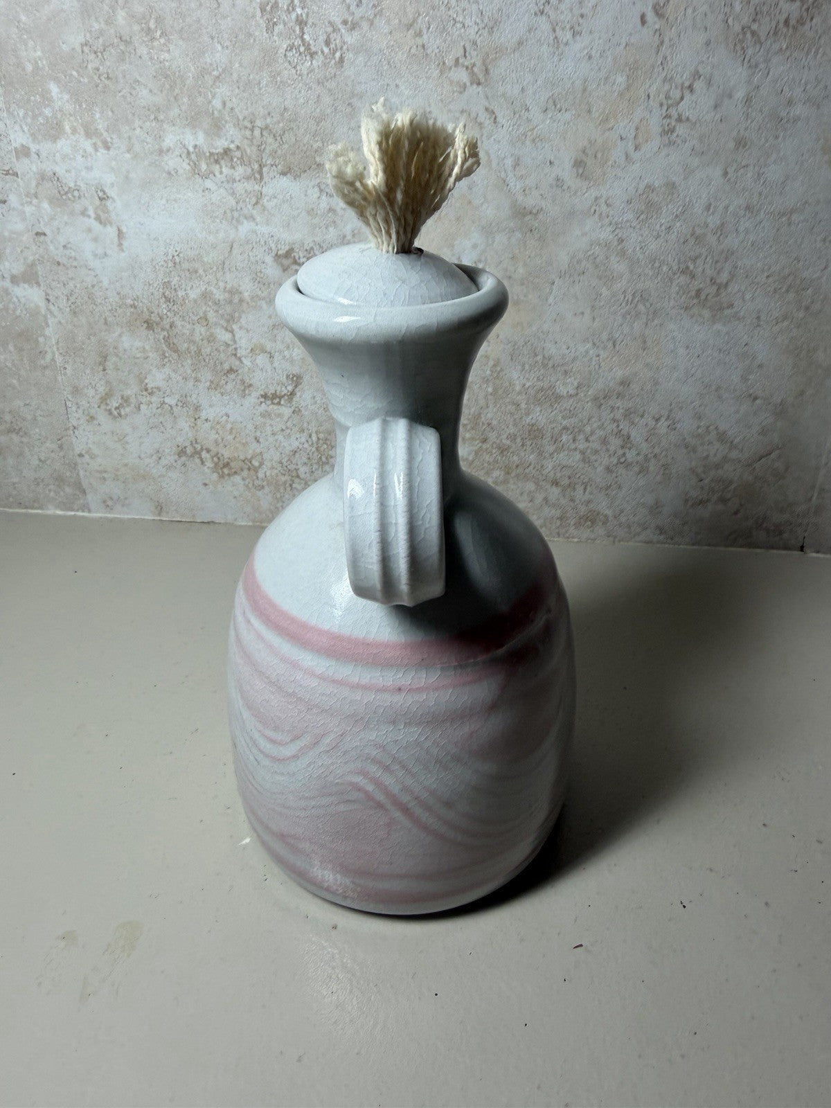Vintage Woodstock NY Signed Ceramic Oil Lamp Jug Pink Swirl Studio Pottery