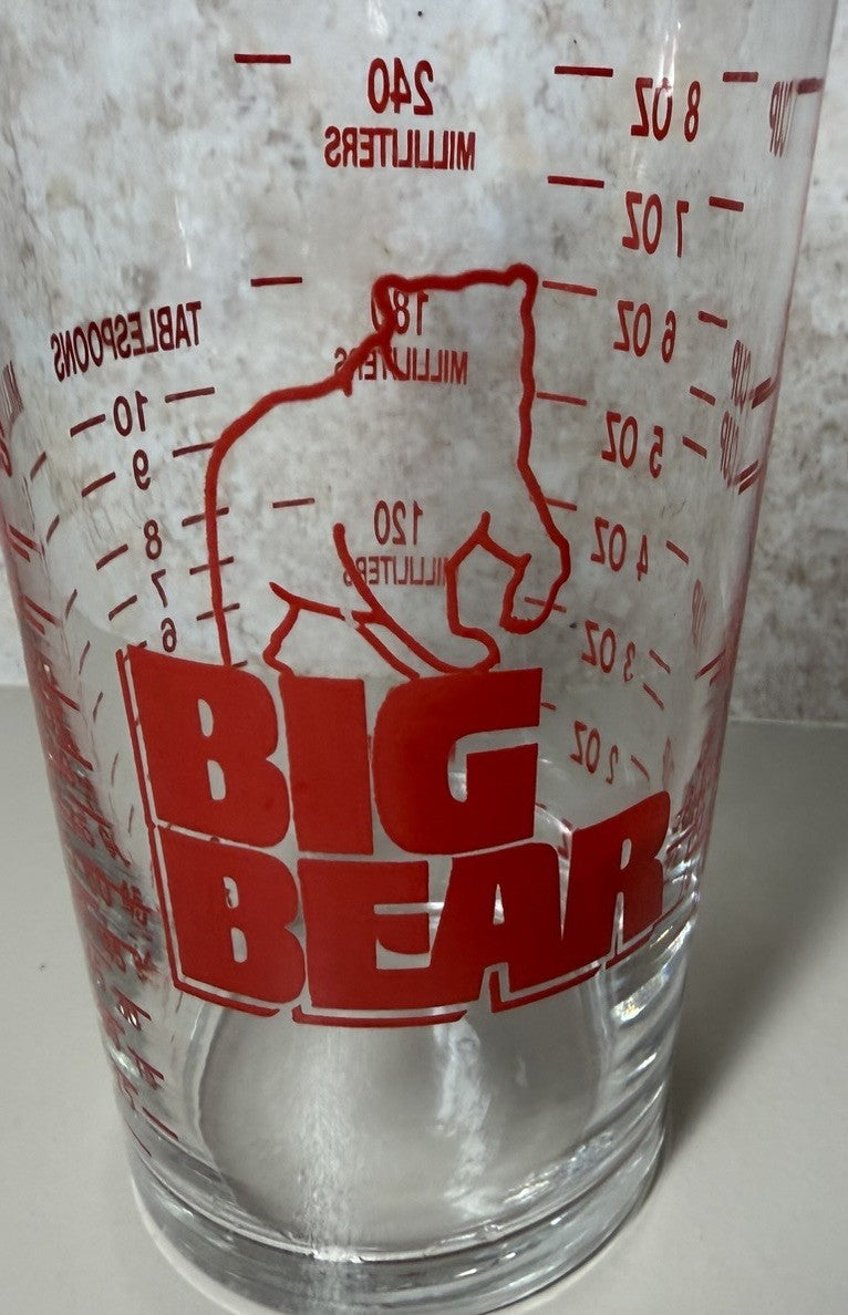 Vintage Big Bear Super Markets Glass Measuring Cup Bar Cocktail Mixer Advertisin