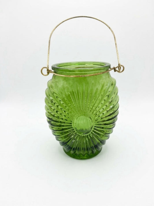 Vintage Olive Green Glass Hanging Candle Holder Lantern Wire Handle Votive Jar