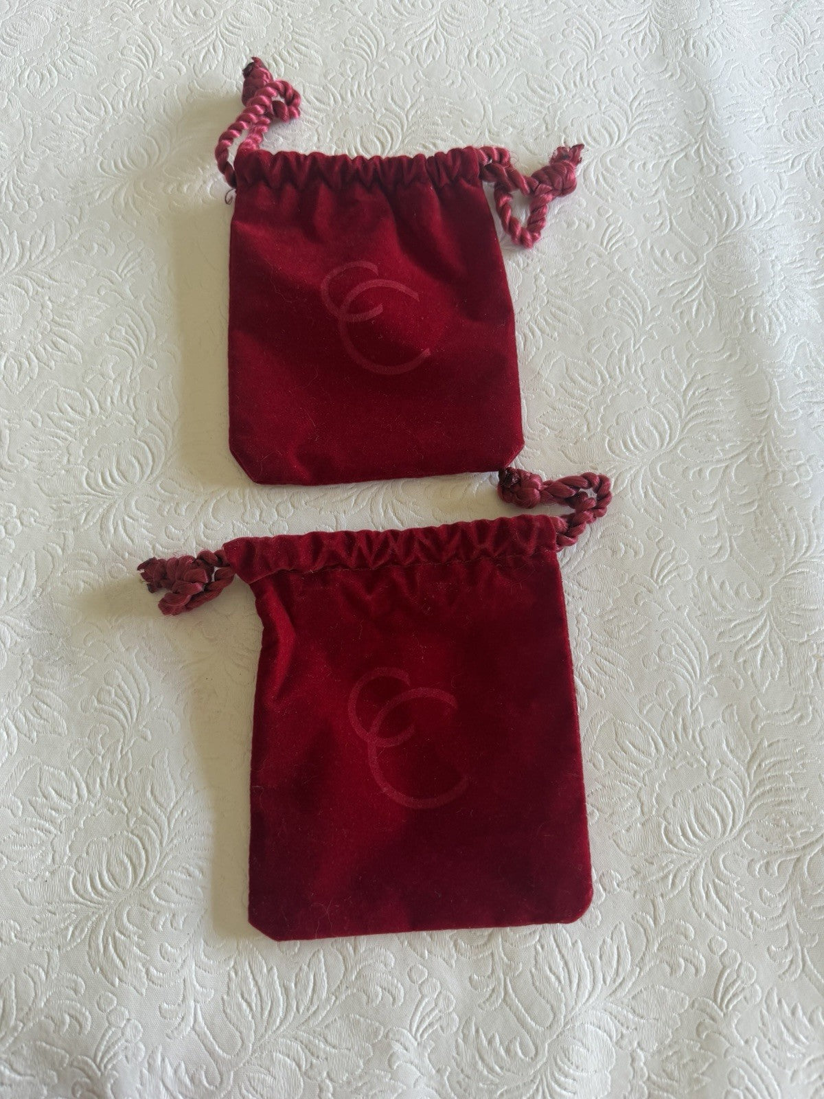 Lot of 2 Chanel Vintage Red Velvet Jewelry Pouches Drawstring Gift Bags CC