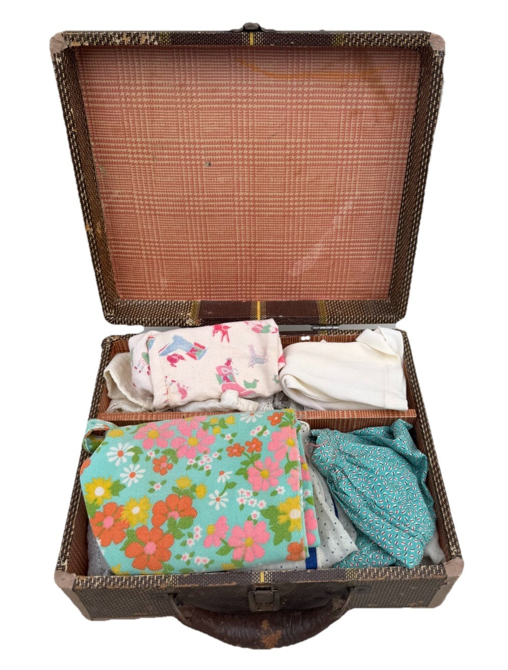 Vintage Doll Suitcase with Vintage Homemade Doll Clothes 23 Pieces