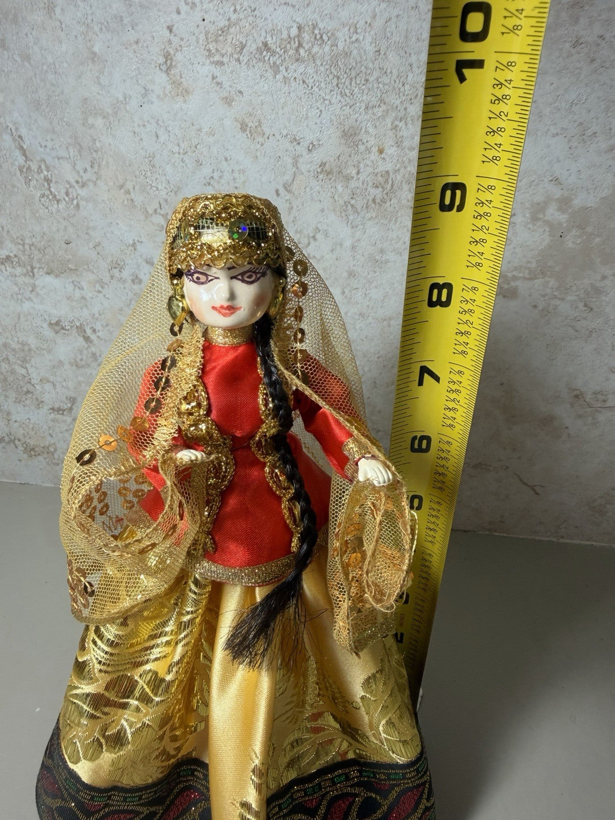 Vintage Handmade Cultural Cloth Dolls Pair Gold Trim Embroidered Folk Art