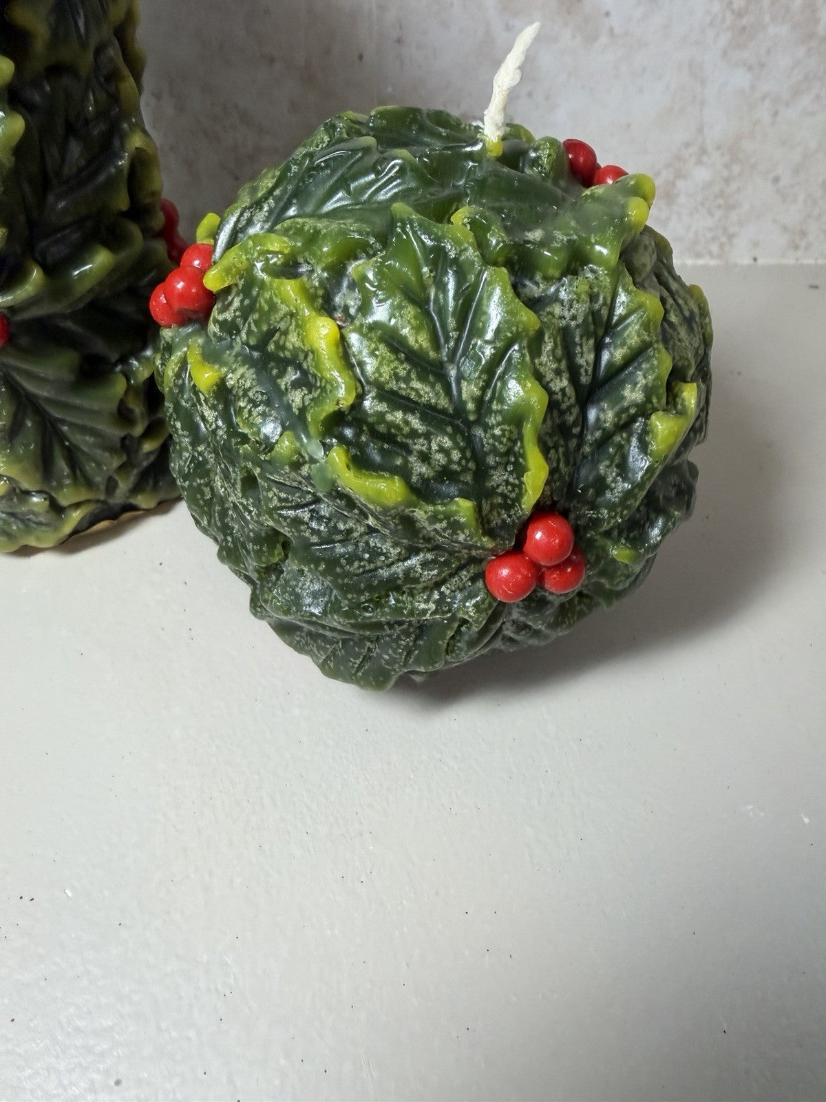 Vintage Italian Holly & Berry Christmas Candle Set Pillar and Two Spheres