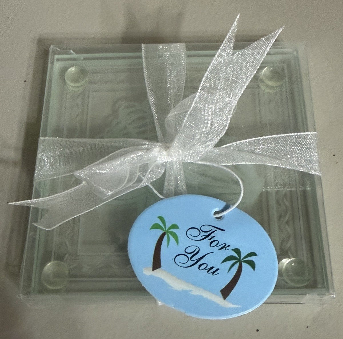 Fashioncraft Glass Coaster Set Beach Tropical Theme Ribbon Gift Box New