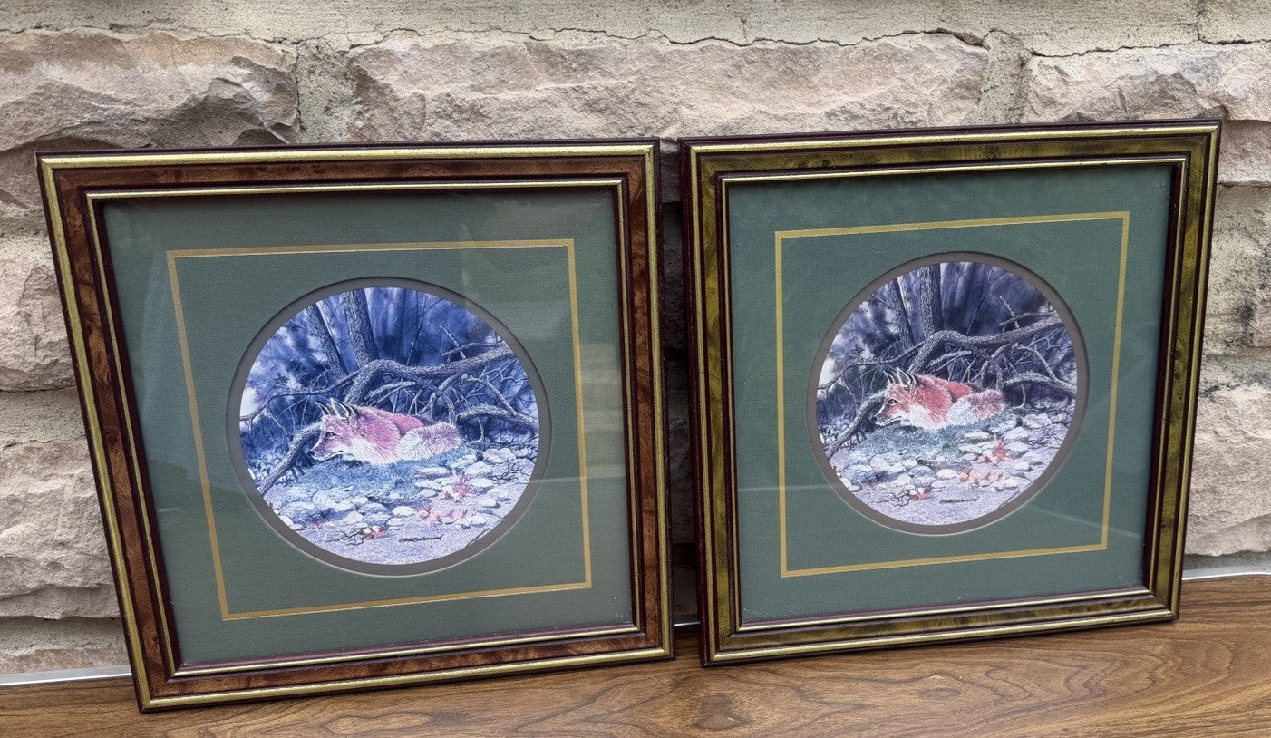 Vintage Don Easterwood Red Fox Framed Print Pair Green Mat Wildlife Art
