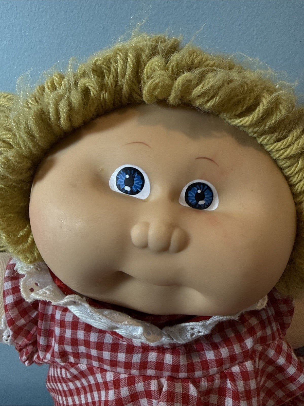 Vintage Cabbage Patch Kids Doll Dark Blonde Hair Blue Eyes Dimples Red Outfit