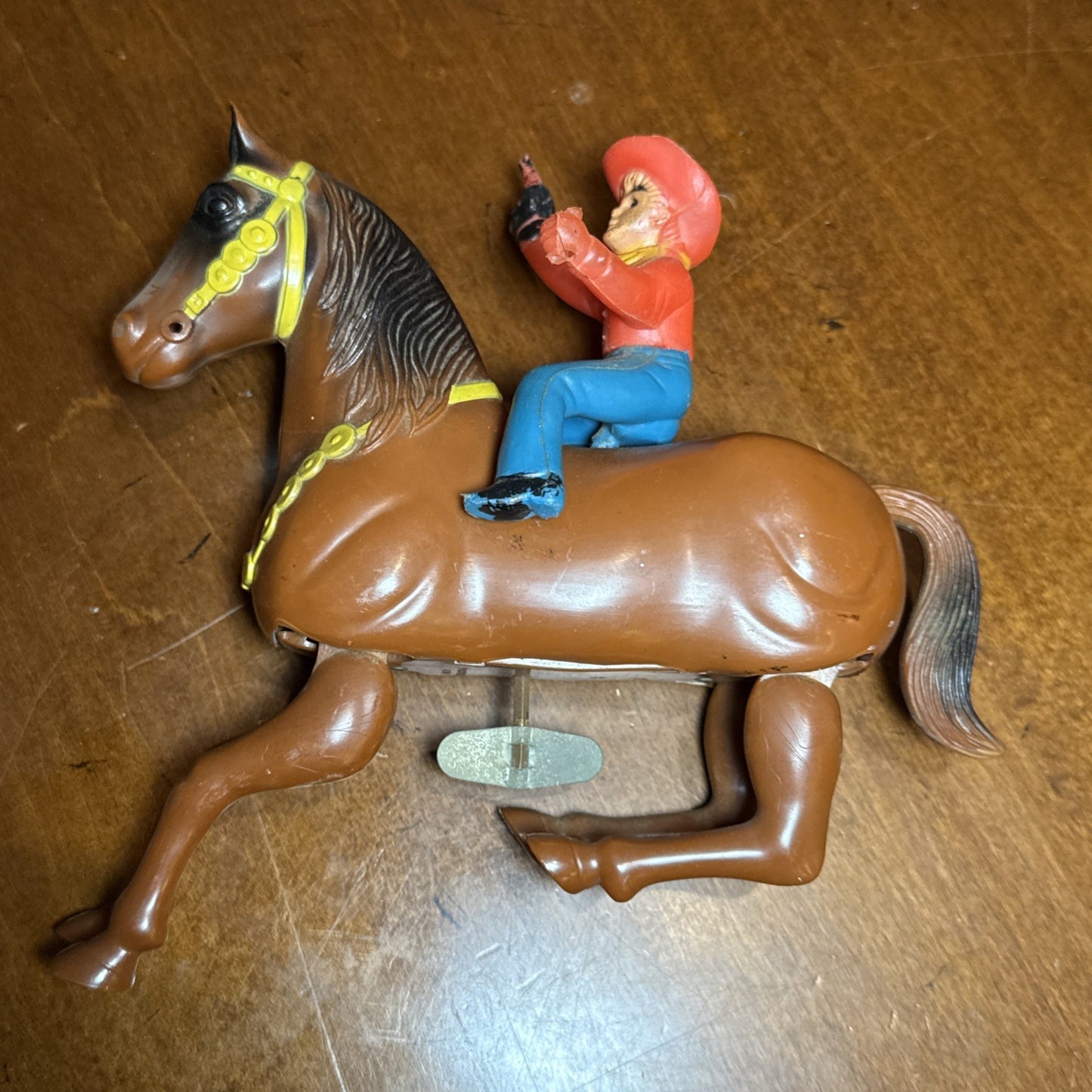 Vintage Wind Up Galloping Western Hero Horse and Rider Toy WORKS