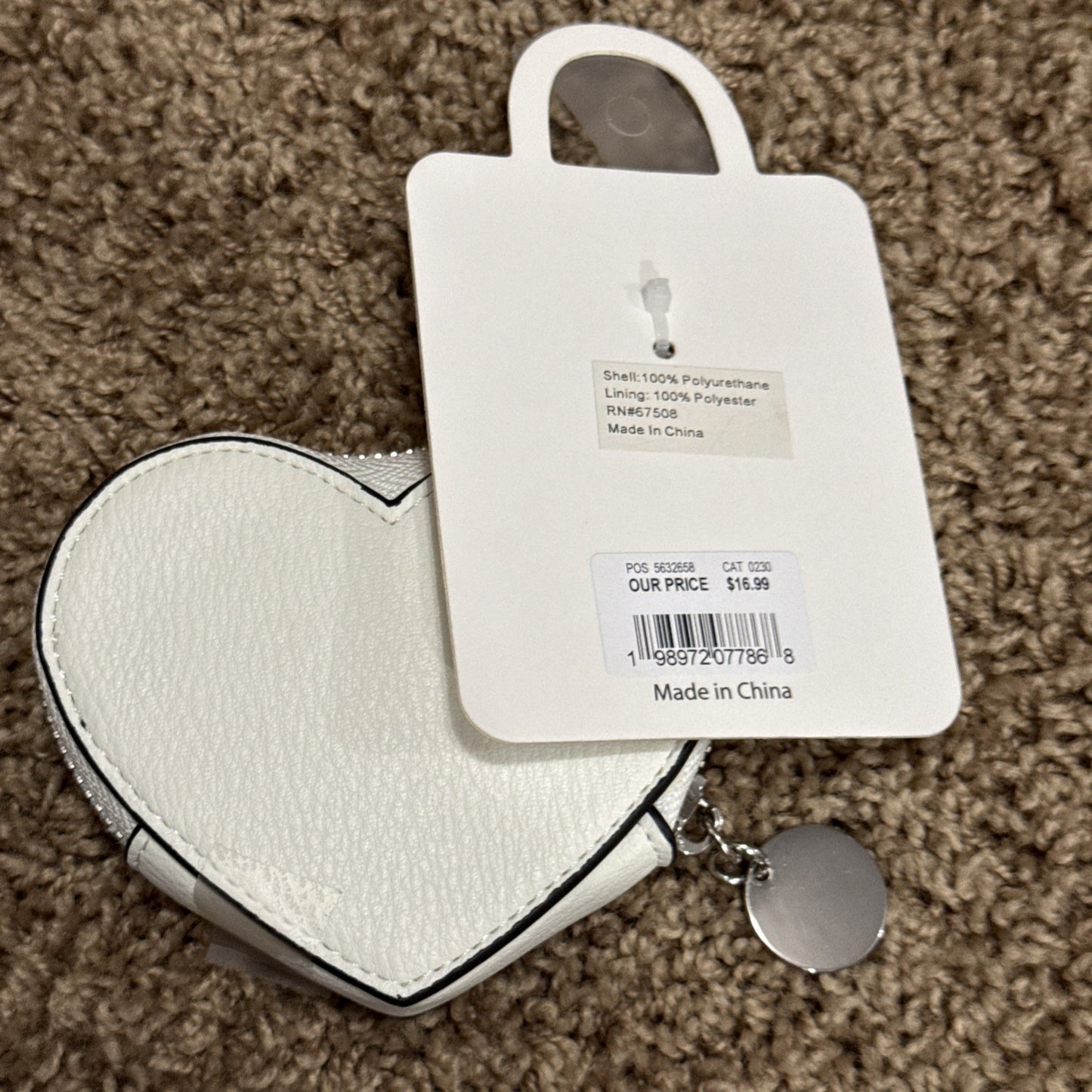White Silver Heart Studded Zipper Charm Clip On Bag Purse Accessory Keychain