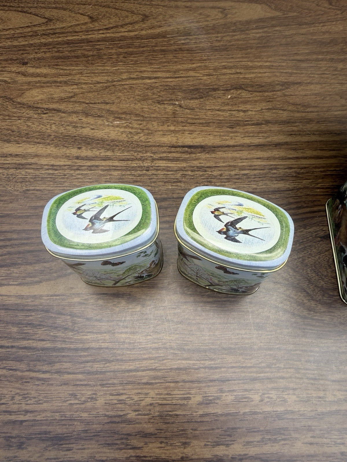 Vintage England Nesting Tin Set Birds Teapot Boot Squirrel 3 Piece Tin Lot