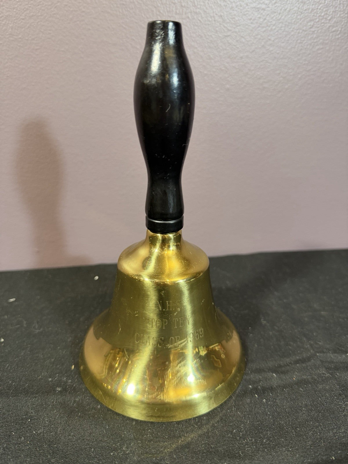 Vintage Brass Ceremonial Bell NHS Top Ten Class of 1969 Wooden Handle 7"