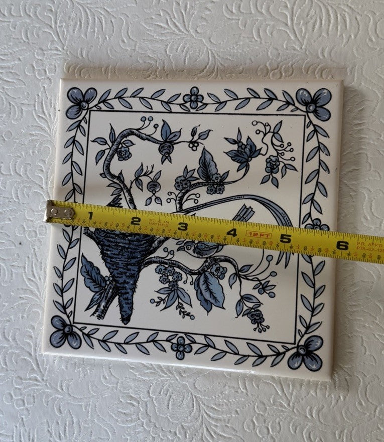 Vintage Azupal Pombal Portuguese Ceramic Tile Birds Nest Blue White 6"