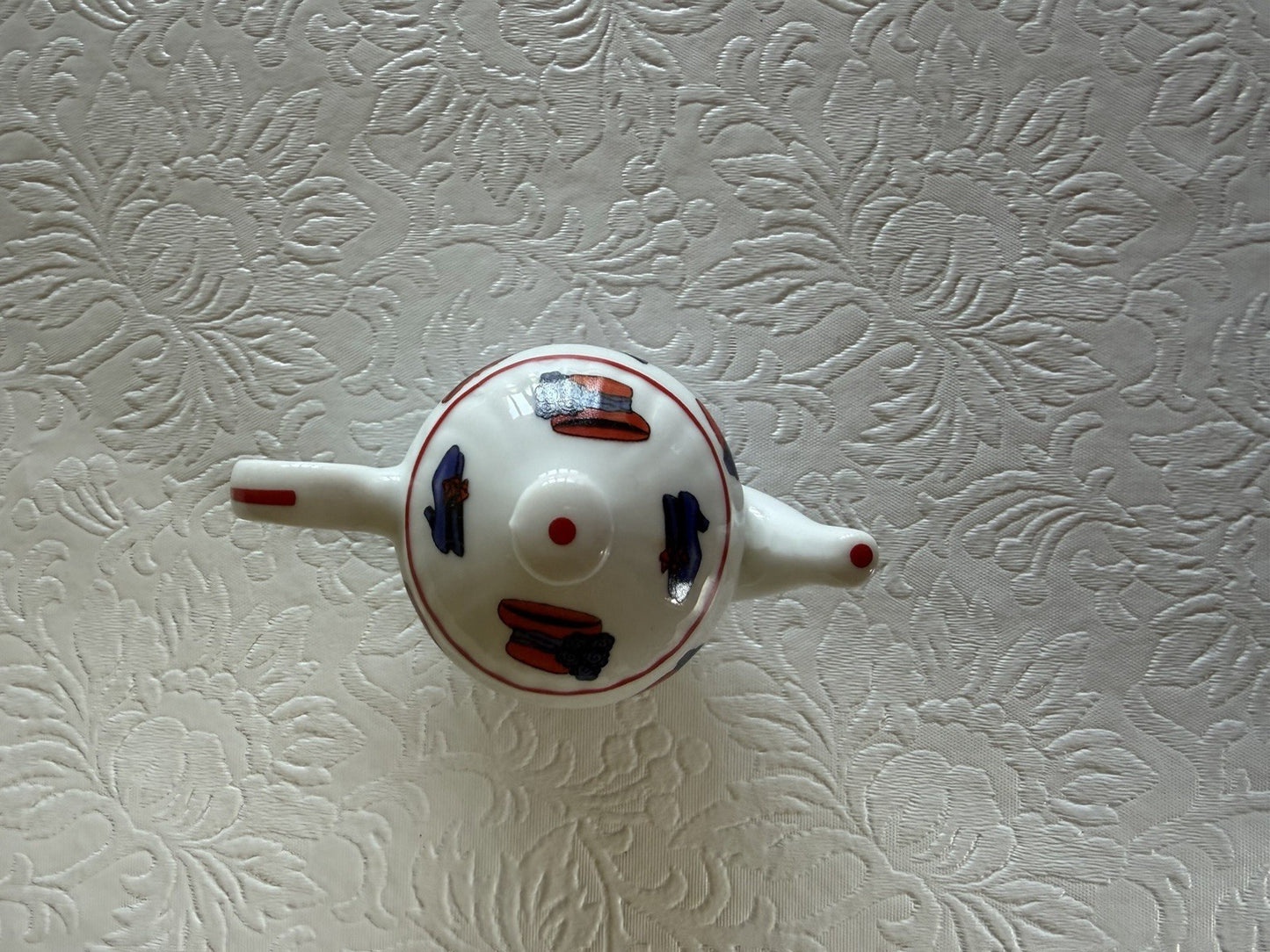 Red Hat Society Miniature Ceramic Teapot Ornament Red Purple Motif Collectible