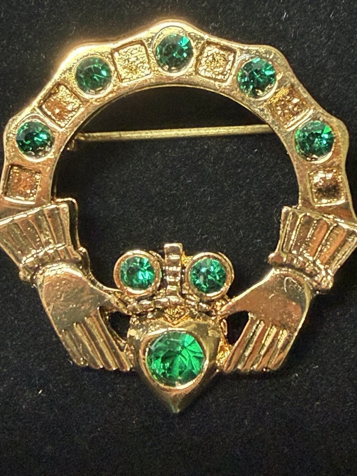 Vintage Gold Tone Green Rhinestone Claddagh Brooch Pin Irish Celtic Jewelry Pin