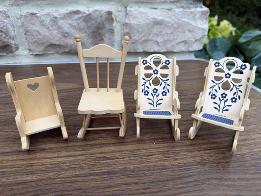 Vintage Miniature Wooden Rocking Chairs Lot of 4 Heart Floral Dollhouse Decor