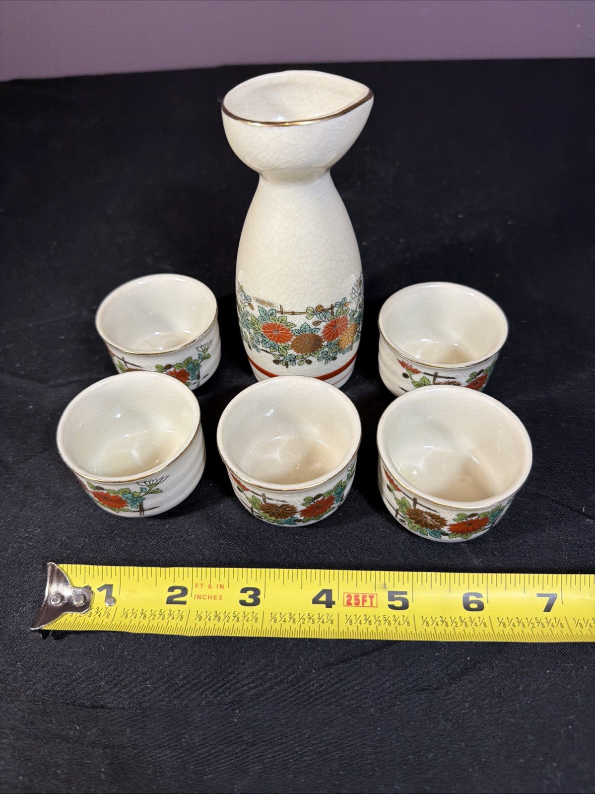 Vintage Otagiri Japanese Sake Set Crackle Ceramic 6 Piece Set