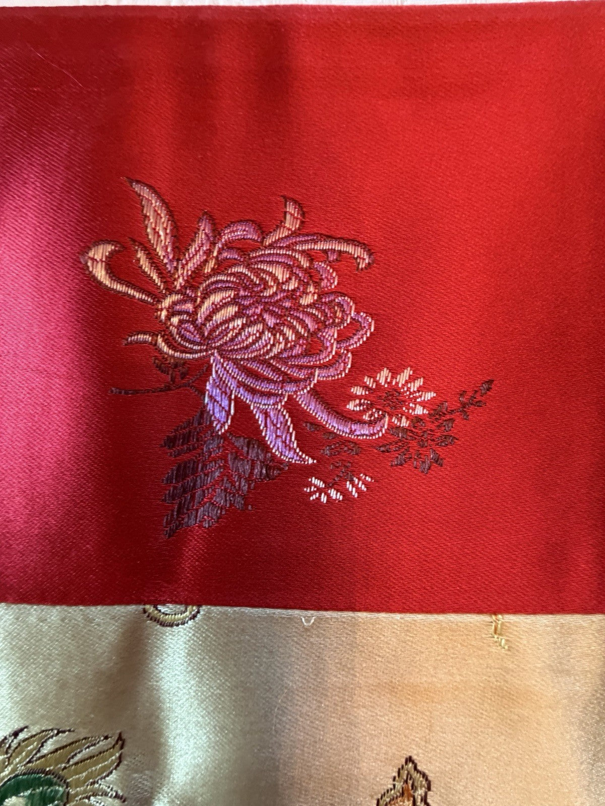 Vintage Asian Silk Brocade Table Runner Red Gold Floral Fringe 58" Oriental
