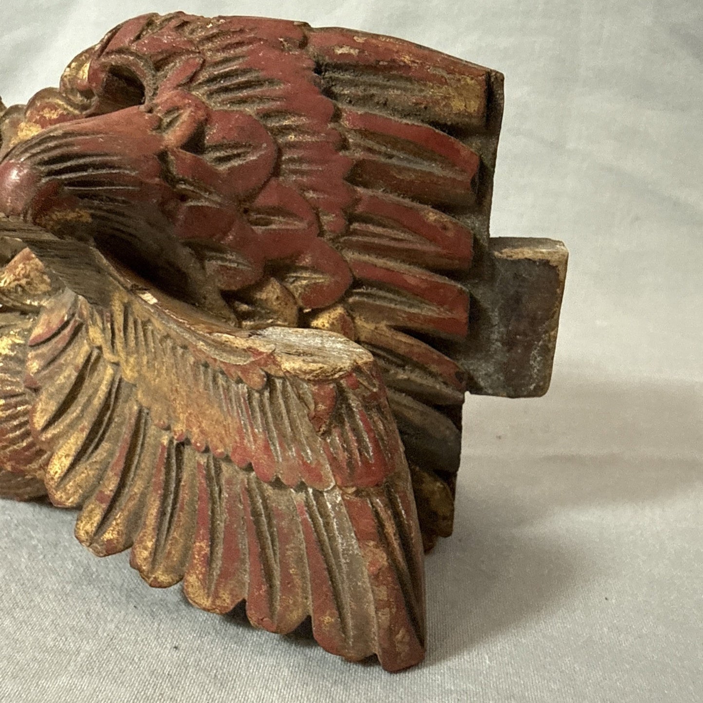 Antique Chinese Qing Dynasty Wood Temple  Red & Gilt Panel Dragon Fragment 7”x3”