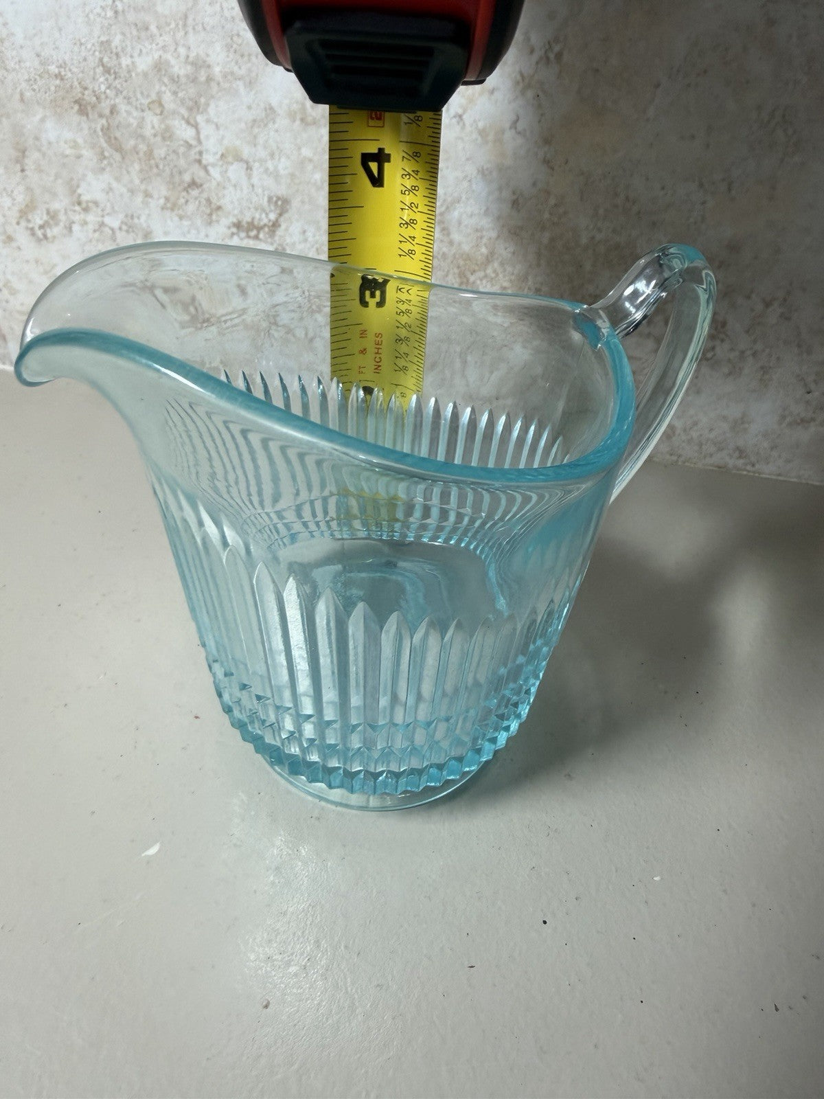 Vintage Blue Pressed Glass Pitcher Creamer Fluted Diamond Pattern Tableware