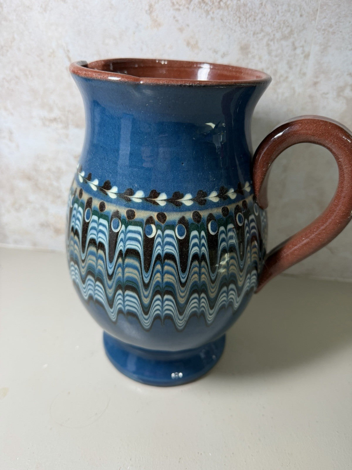 Vintage Mexican Folk Art Pottery Pitcher Salt Bowls Set Blue Brown Hand Painted