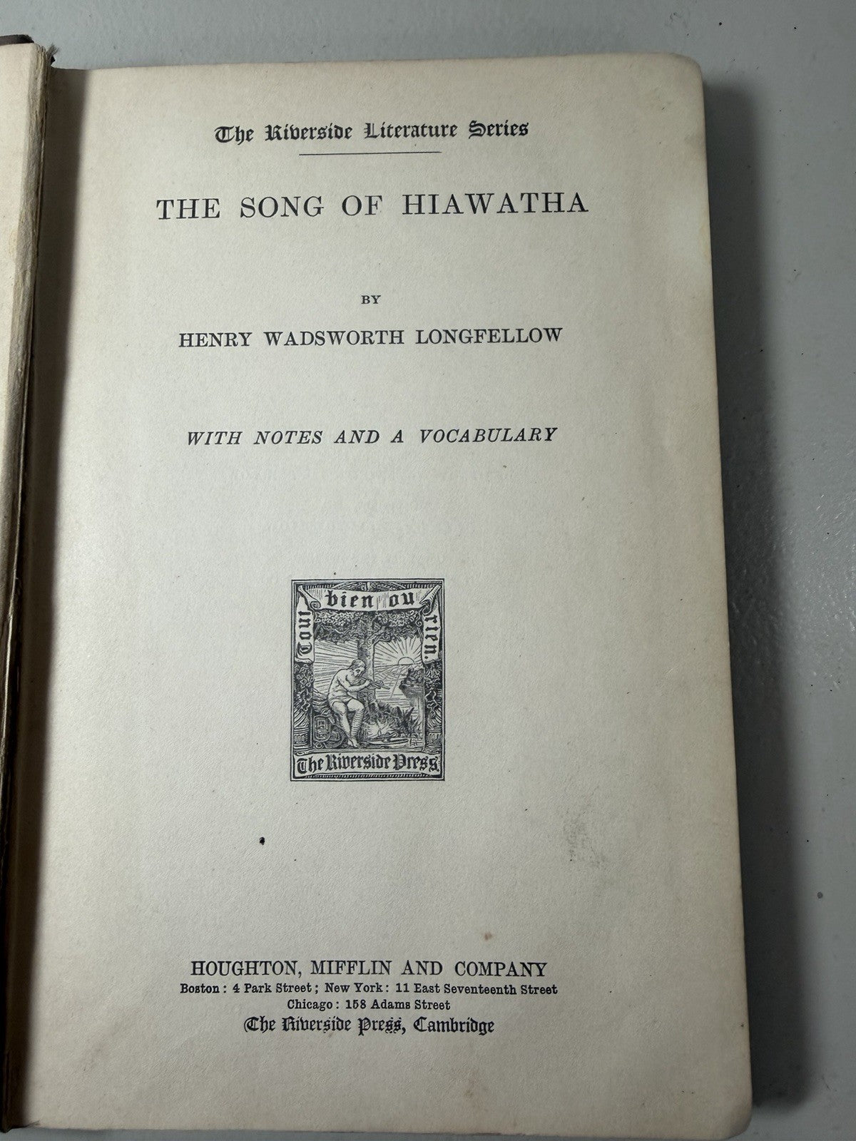 Antique Riverside Literature Series Longfellow The Song of Hiawatha Houghton