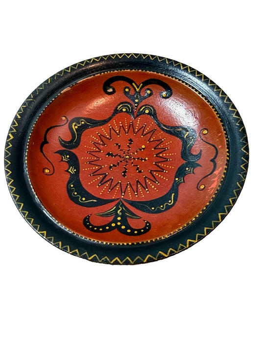 Vintage Hand Painted Wooden Folk Art Wall Plate Red Black Floral Germany Decor