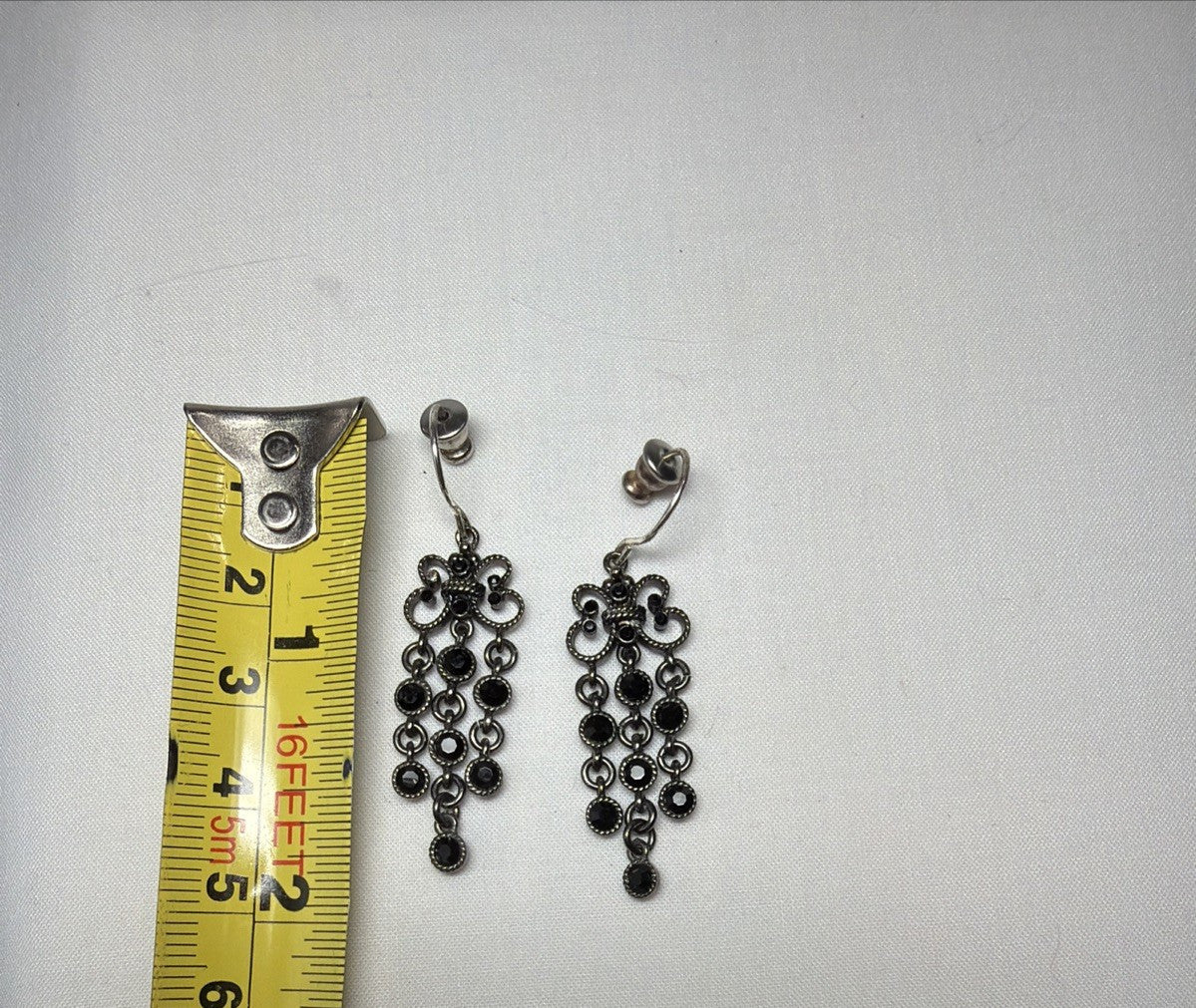 Vintage Monet Dangle Earrings Silver Tone Black Rhinestone Drop 5"