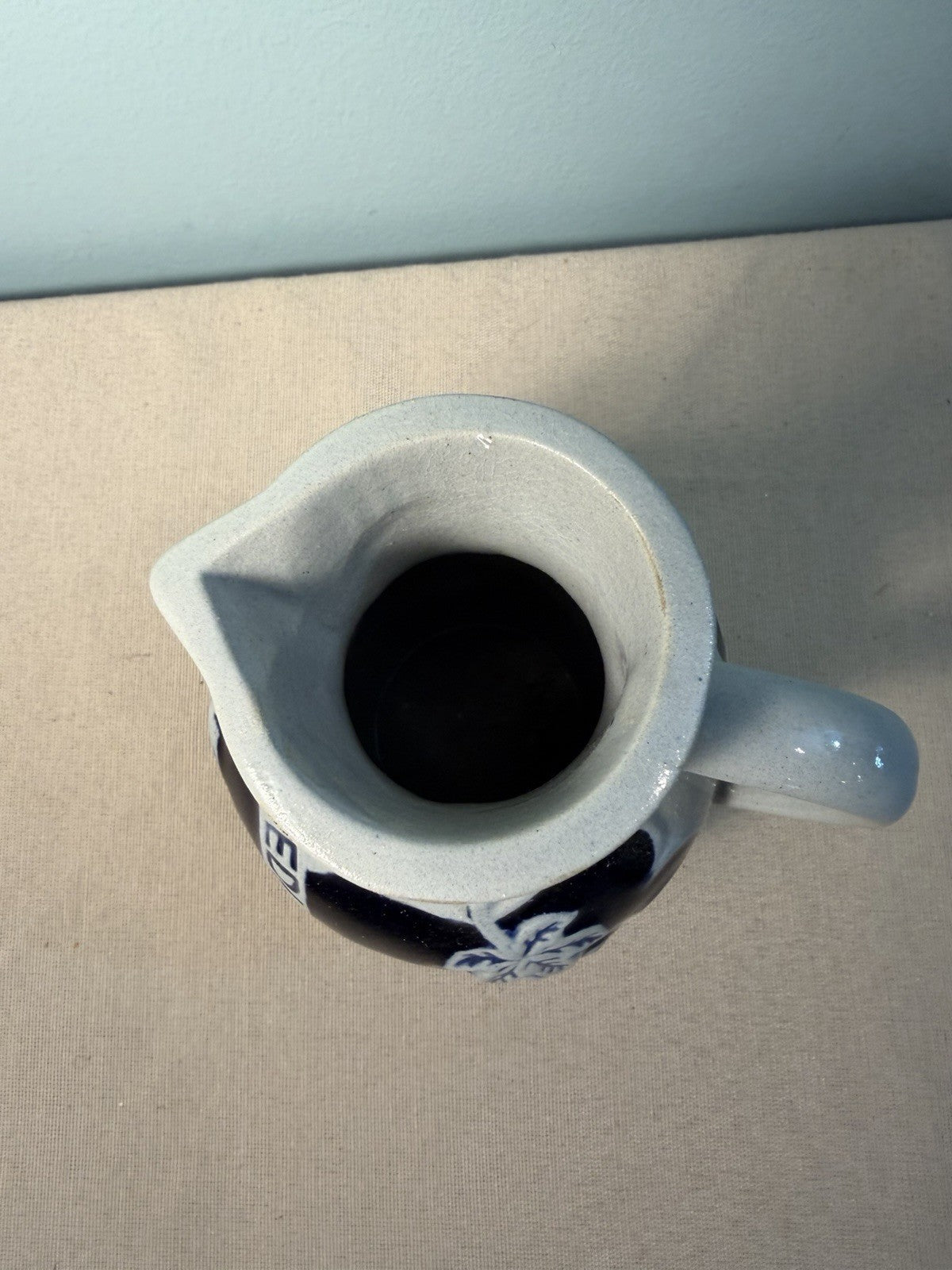 Vintage German Stoneware Pitcher Blue Gray Grape Vine Glaze Barware Decanter