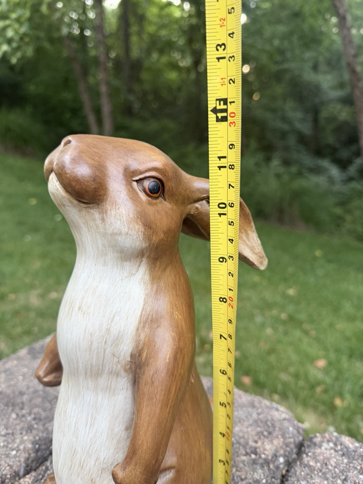 Vintage Faux Wood Carved Rabbit Statue 12.5" Standing Resin Bunny Figurine Eyes