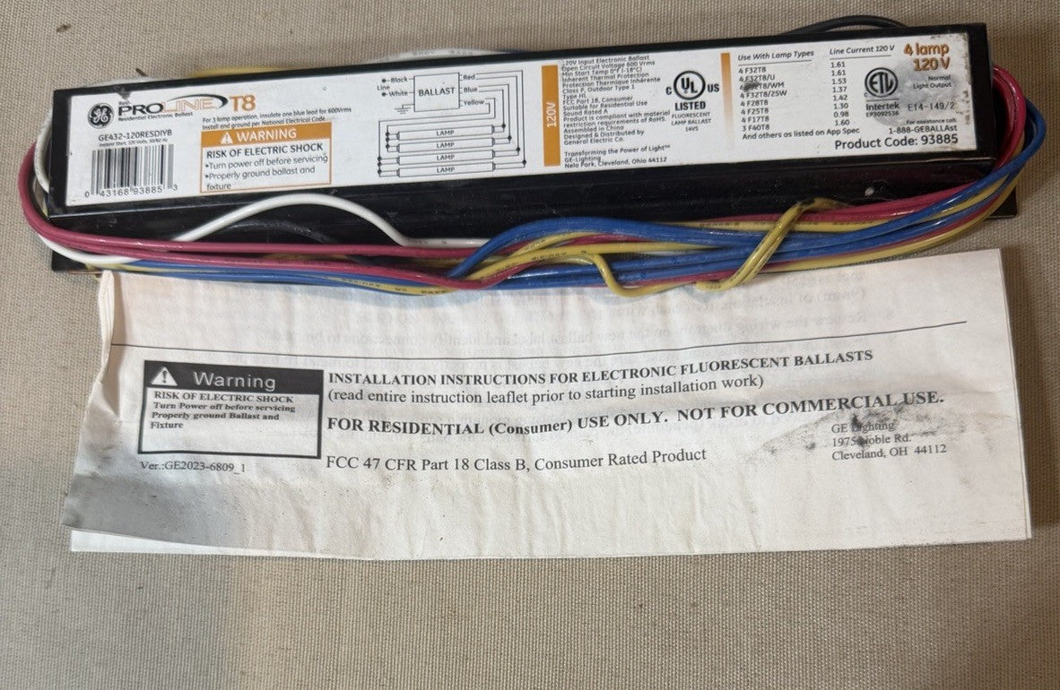 GE ProLine 93885 Electronic Ballast 4 Lamp 120V T8 Fluorescent Light NEW
