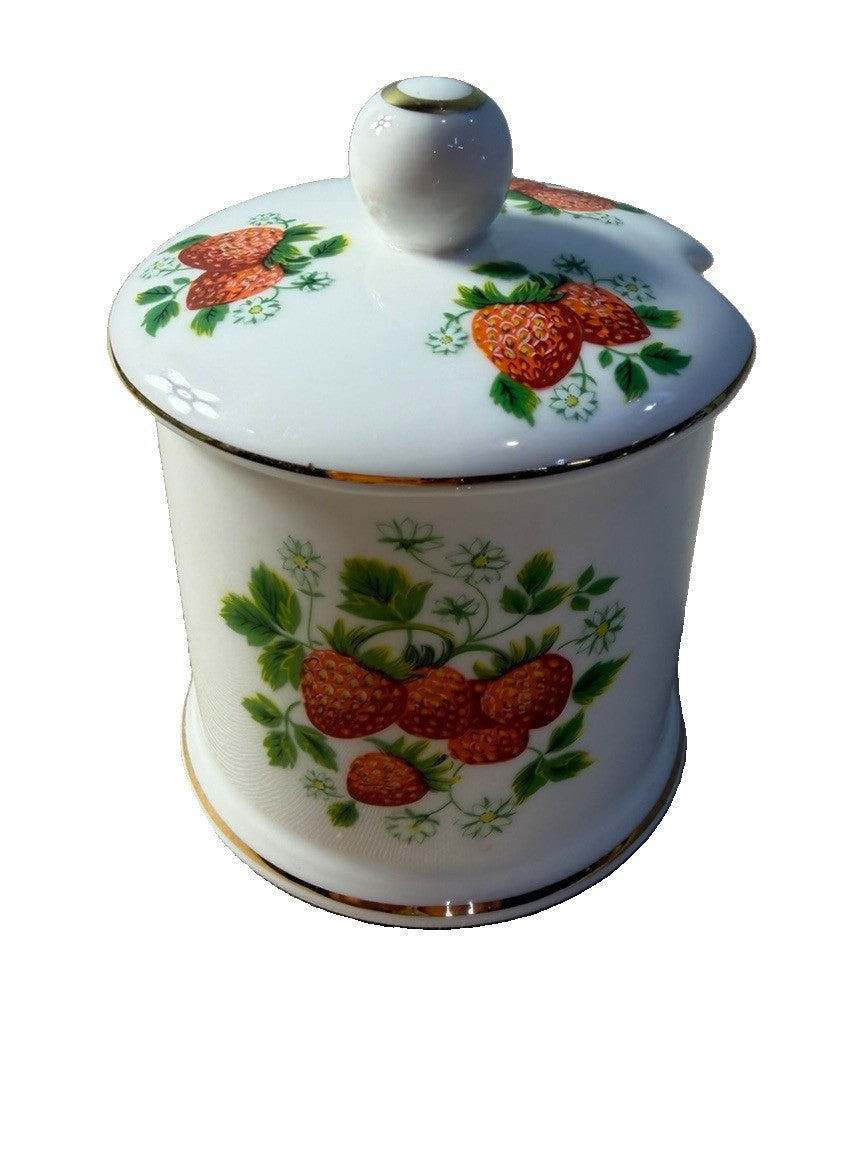 Fortnum Mason London Strawberry Porcelain Lidded Jam Jar Gold Trim England Decor