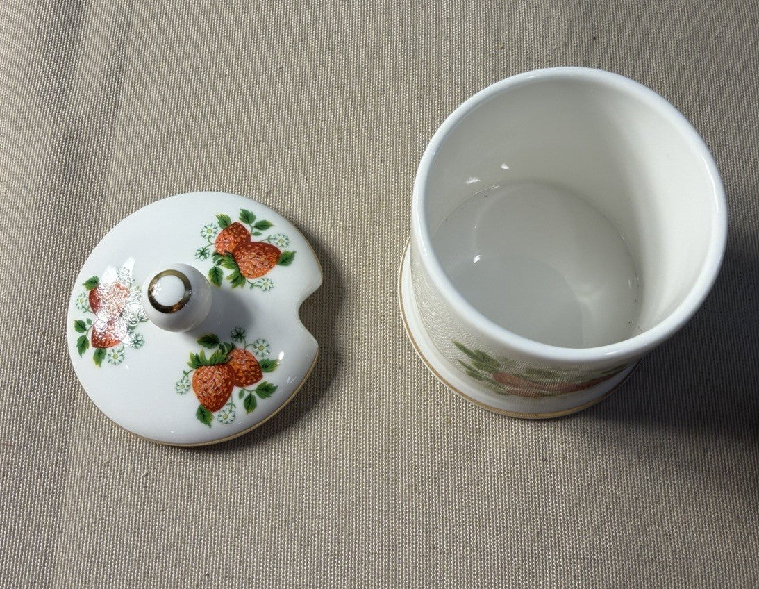Fortnum Mason London Strawberry Porcelain Lidded Jam Jar Gold Trim England Decor