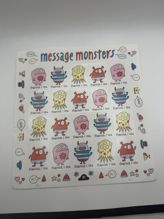 2020 USPS Message Monsters Forever Stamps Sheet 20 Unused Whimsical Characters
