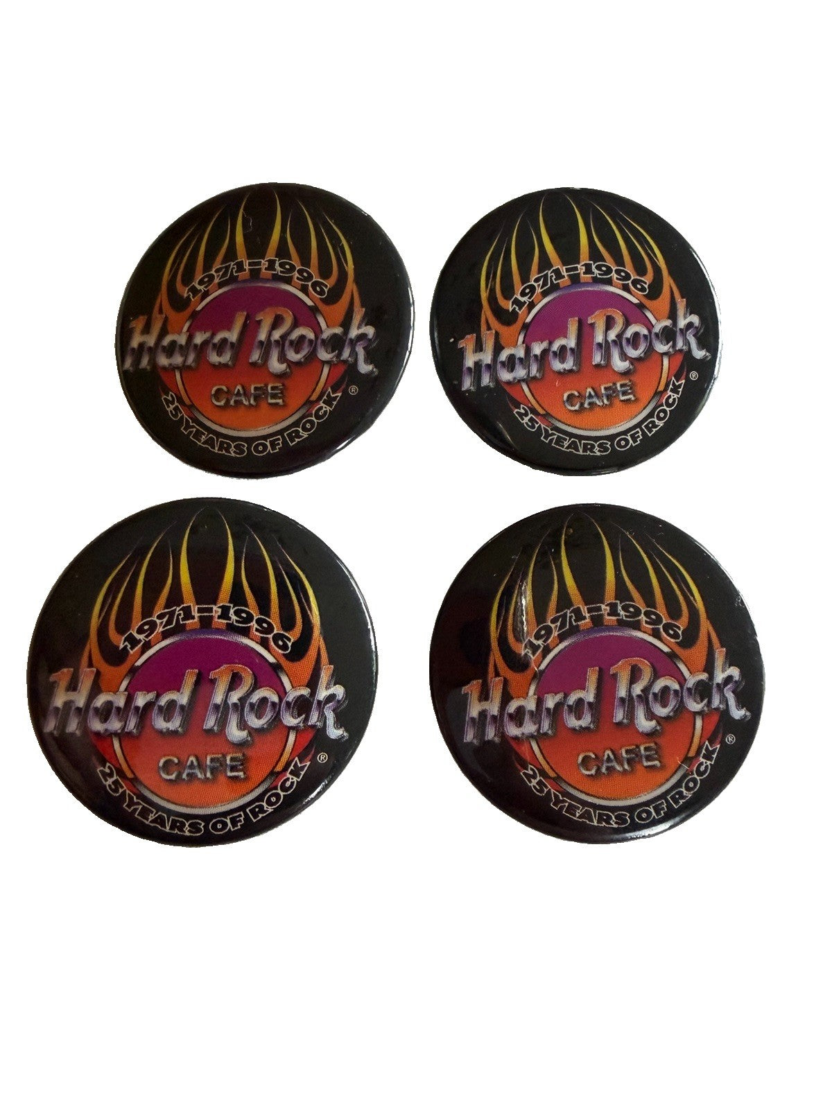 Vintage Hard Rock Cafe 25 Years of Rock 1971 1996 Pinback Buttons Lot of 4 HRC