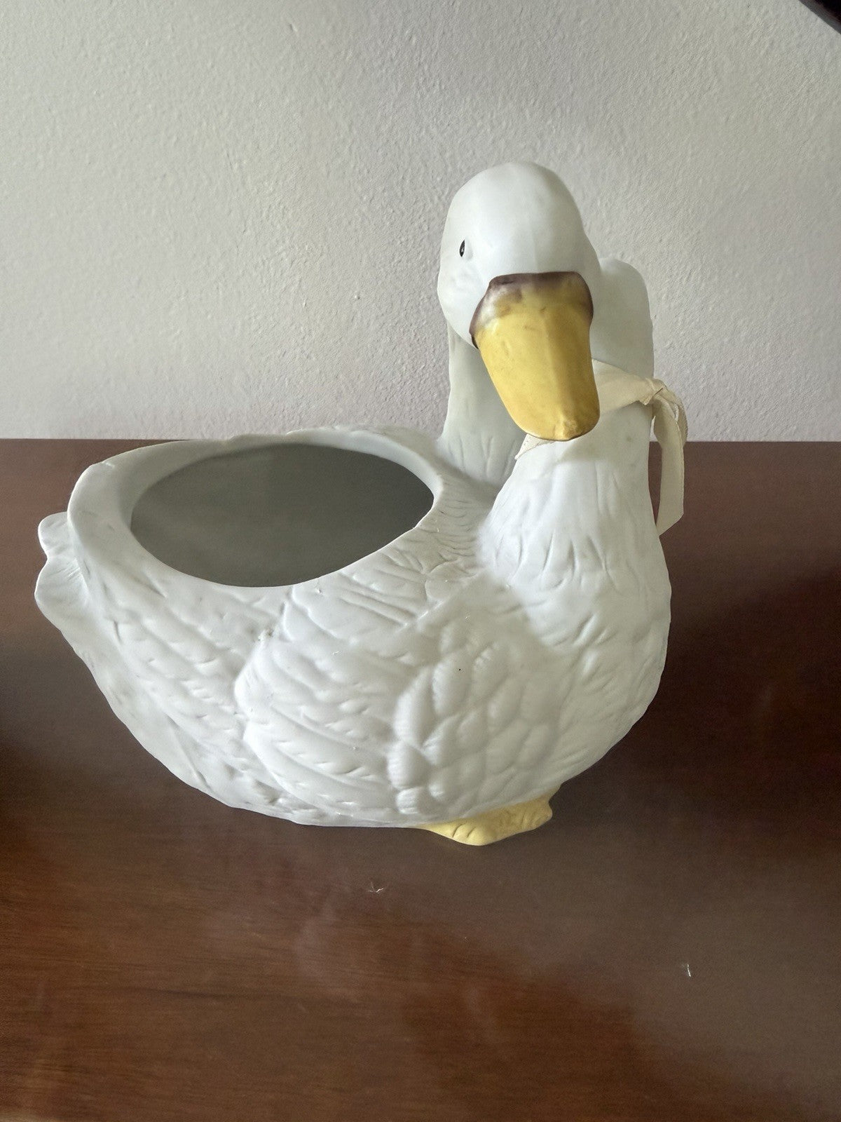 Vintage Holland Floral Goose Duck Ceramic Cachepot Planter 5" White Pair