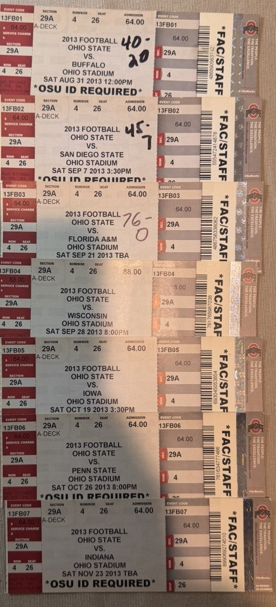 2005-2015 Ohio State Buckeyes Football Ticket Stub Faculty Staff seats Lot of 44