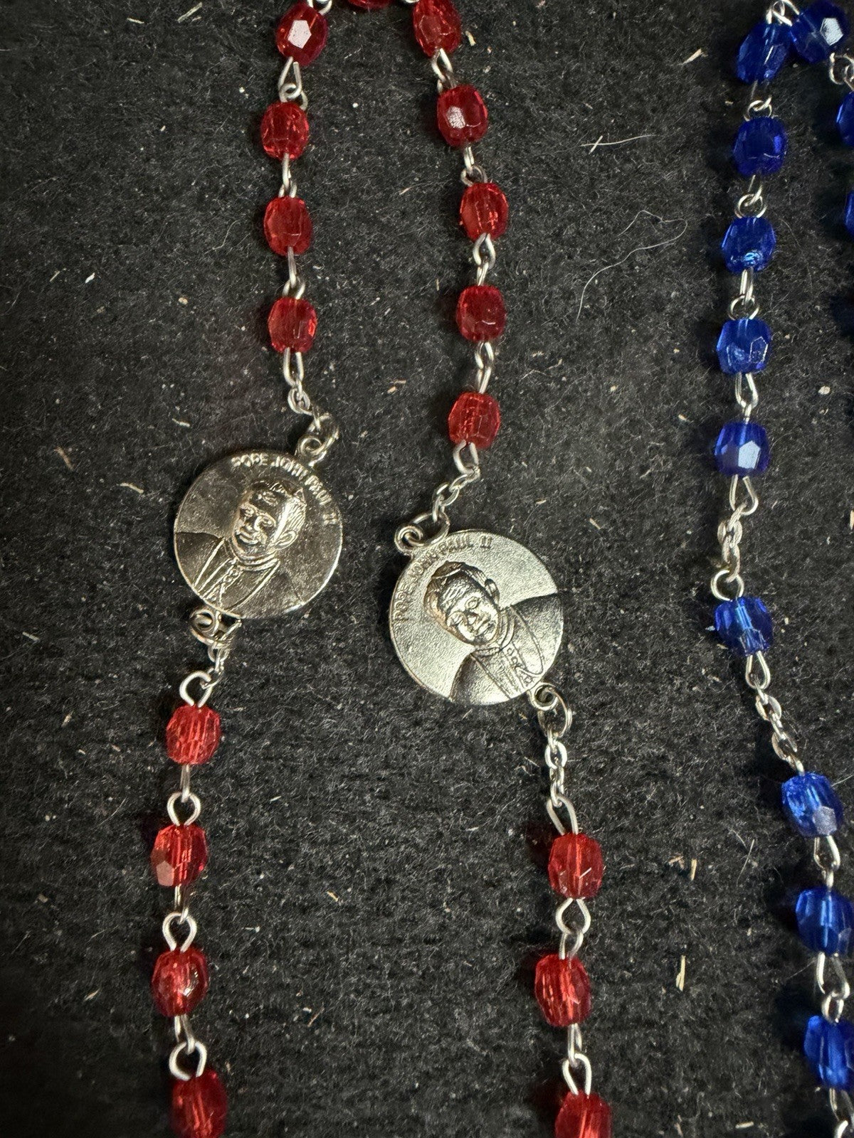 Catholic Rosary Beads Pair Red Blue Crystal Glass Silver Tone Cross Religious