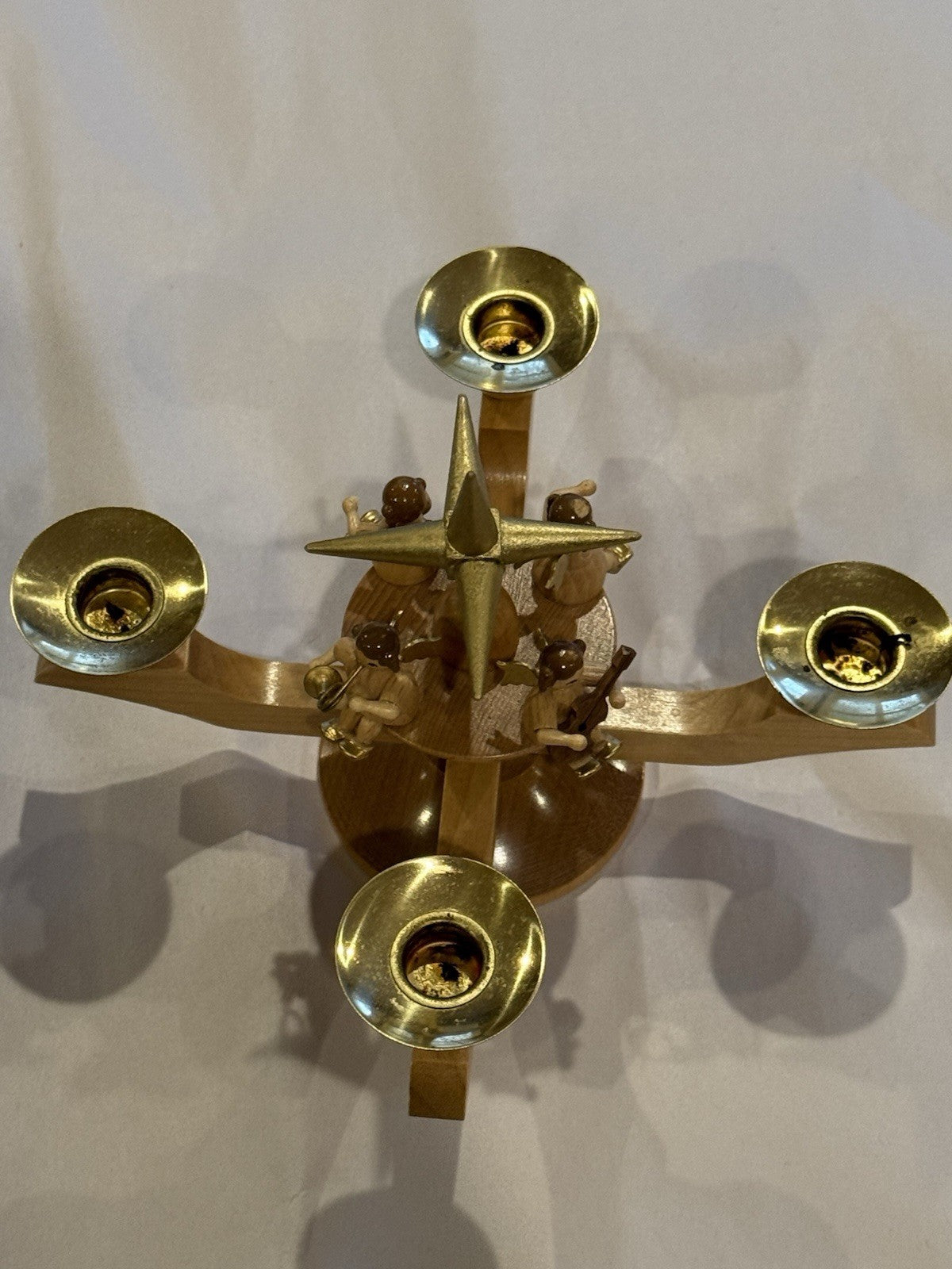 Erzgebirgische Volkskunst Wood Angel Candle Holder, 4 Arm Gold Star, German Folk