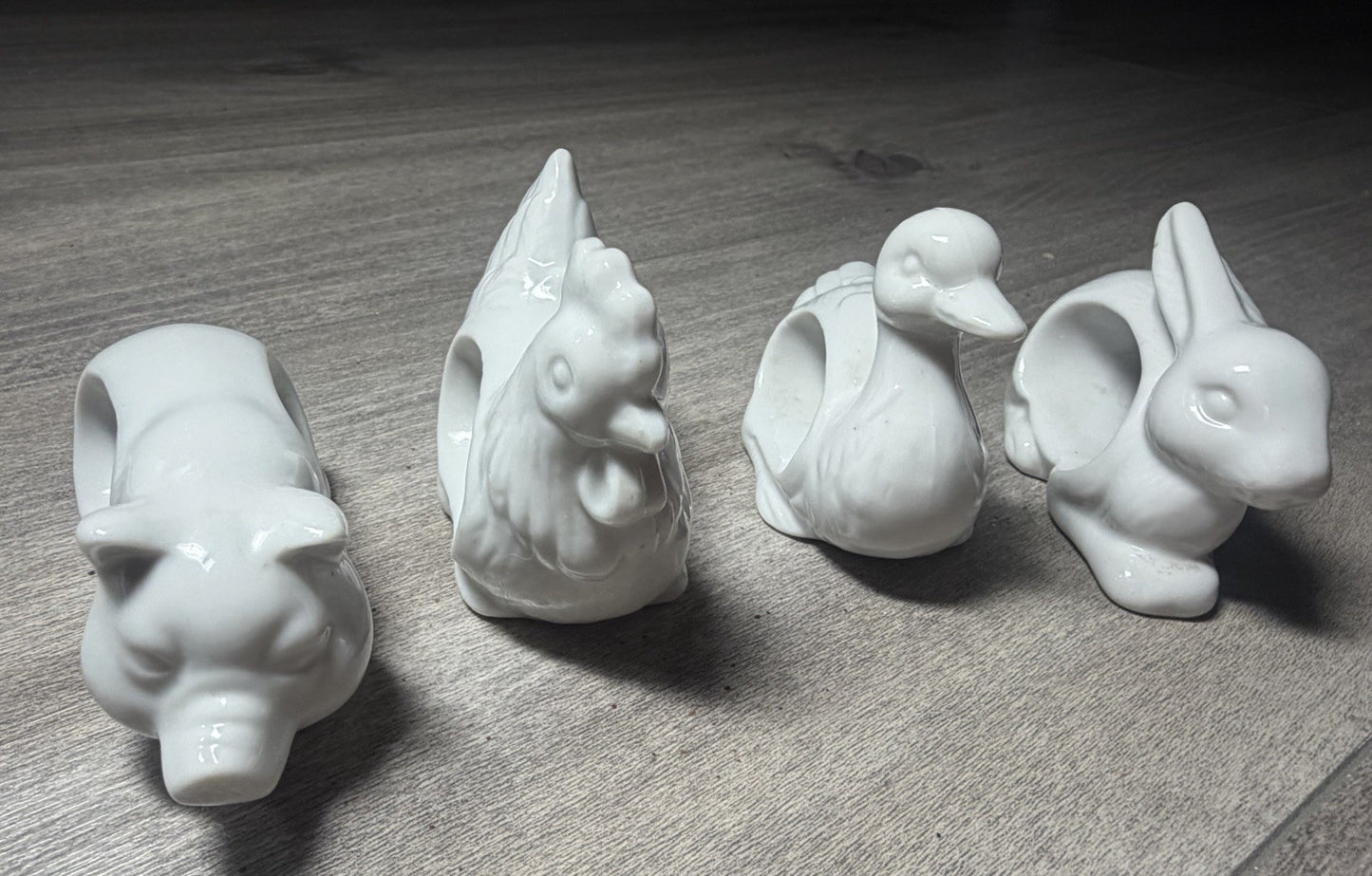Vintage Animal Napkin Rings Set 4 Duck Pig Cow Chicken White Porcelain Japan